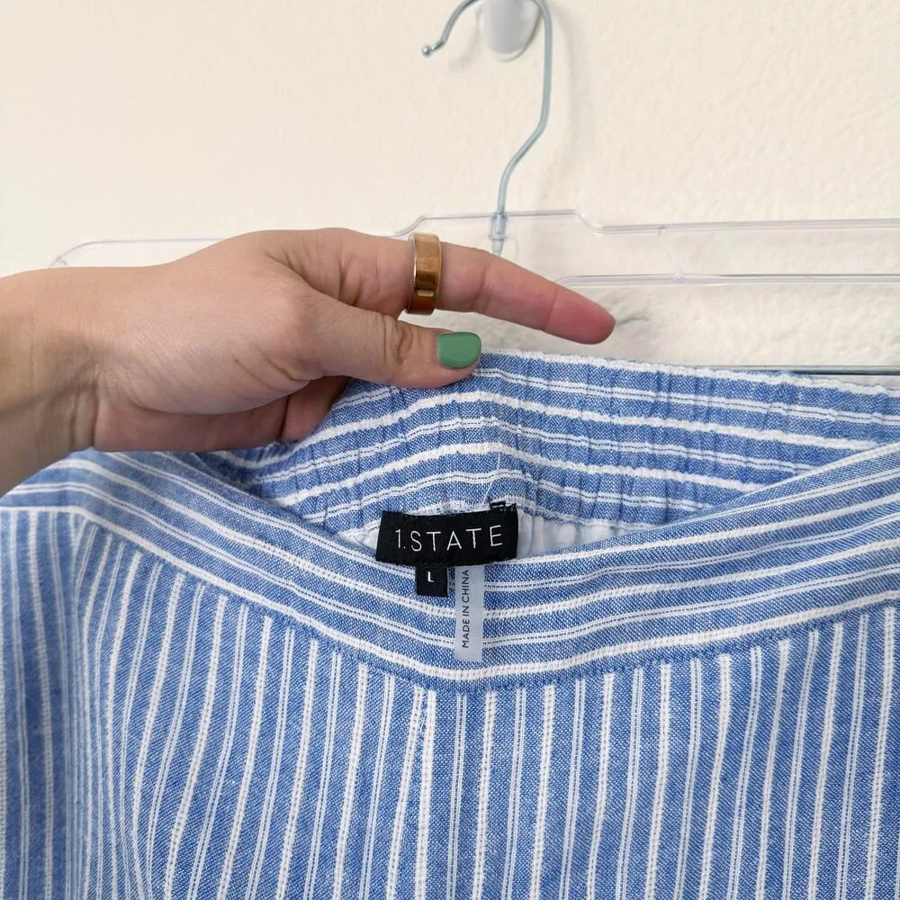 [1. State] Blue White Striped Linen Blend High Rise Wide Leg Crop Pants Sz Large - Image 11