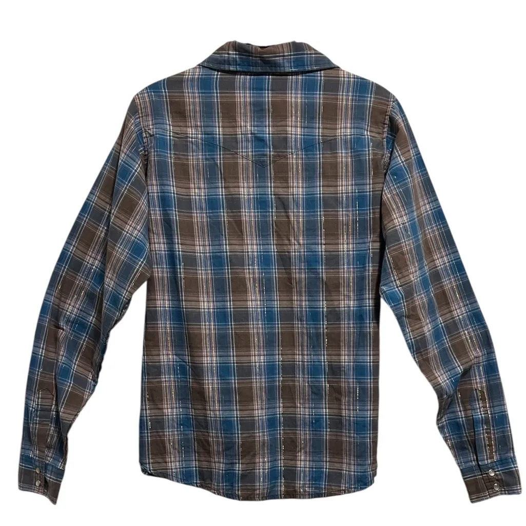 Vintage Women’s Wrancher Metallic Plaid Pearl Snap Shirt By Wrangler Large - Image 2