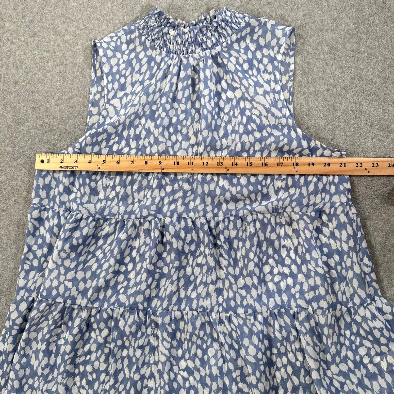 Pleione Tiered Mock Neck Babydoll Top Womens XL Blue White Sheer Sleeveless - Image 4