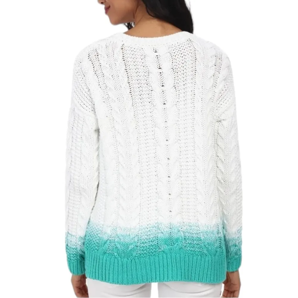 Tommy Bahama White Teal Ombré Dipped Long Sleeve Sweater Cable Knit size Medium - Image 2