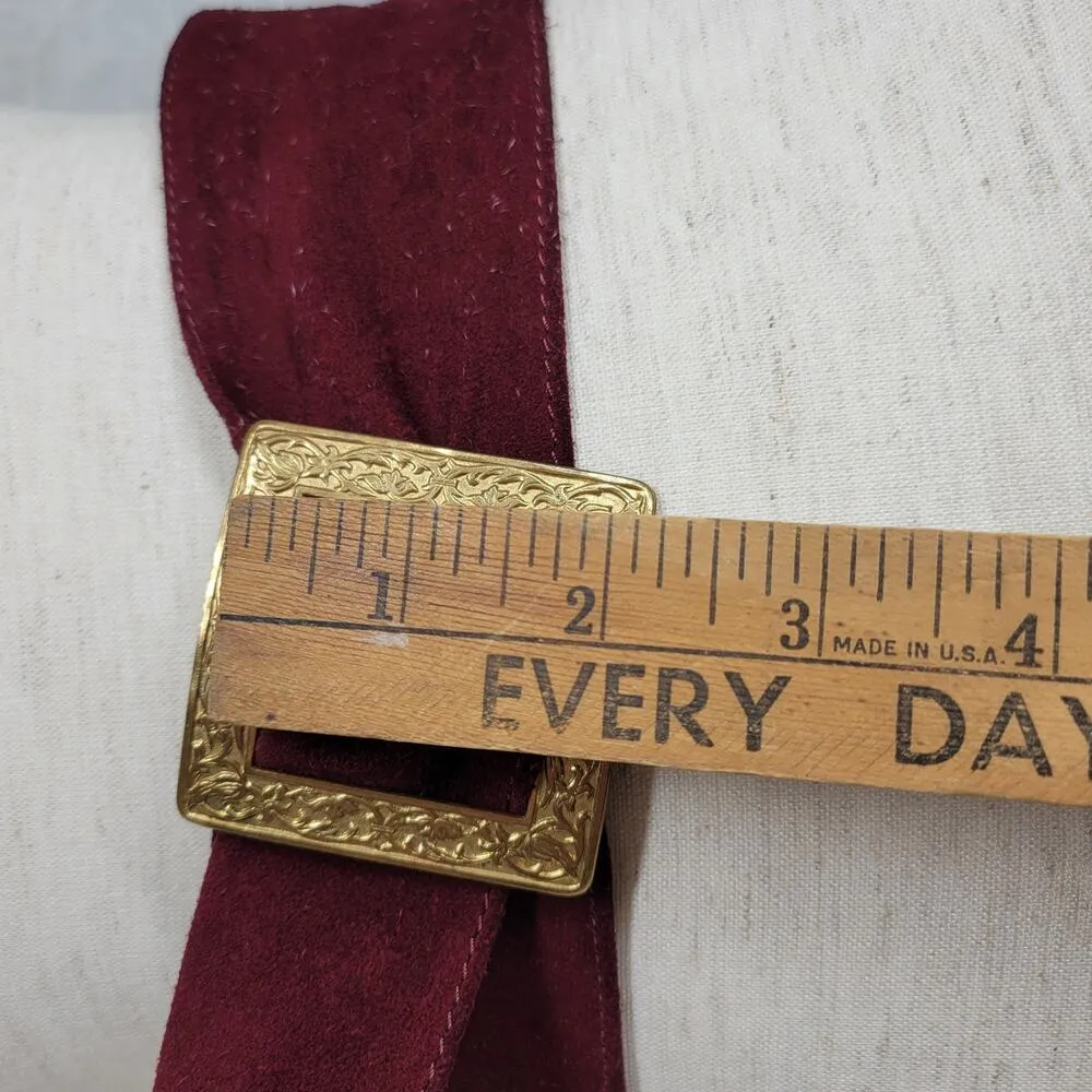 Vintage St Laurent Suede Belt 36" Burgundy Square Gold Floral Buckle Hippie Boho - Image 15