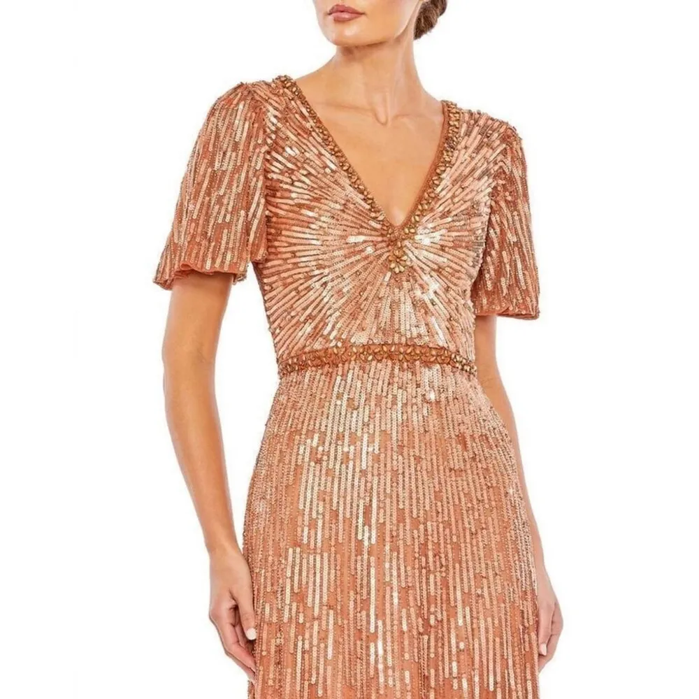 MAC DUGGAL EMBELLISHED V NECK BUTTERFLY SLEEVE COLUMN GOWN IN COPPER 5538 SIZE 8 - Image 3