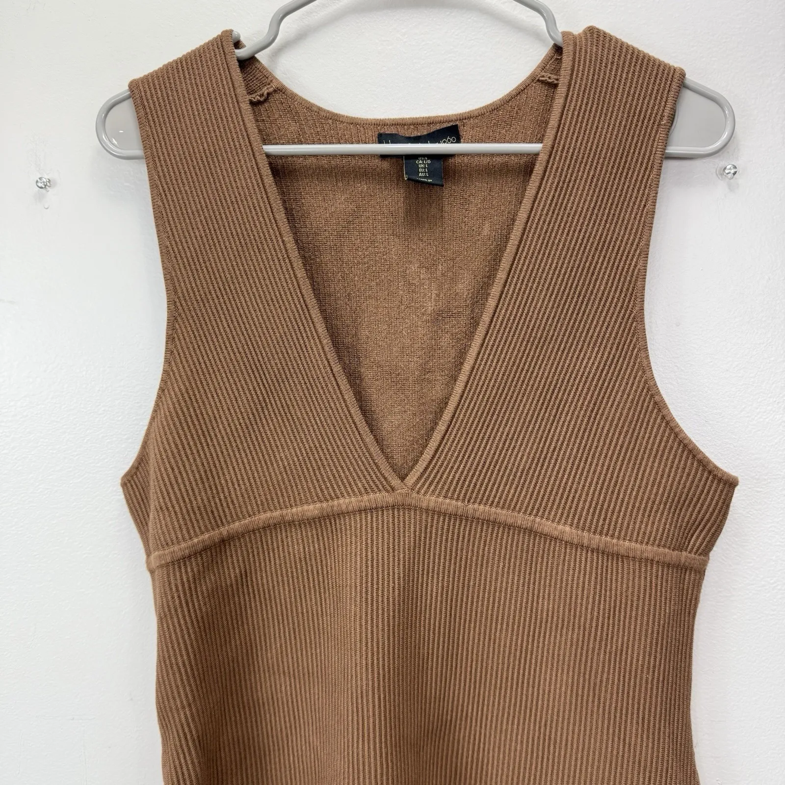 House of Harlow Brown Luxe Essentials Sleeveless V‎ Neck Ribbed Mini Dress LARGE - Image 4