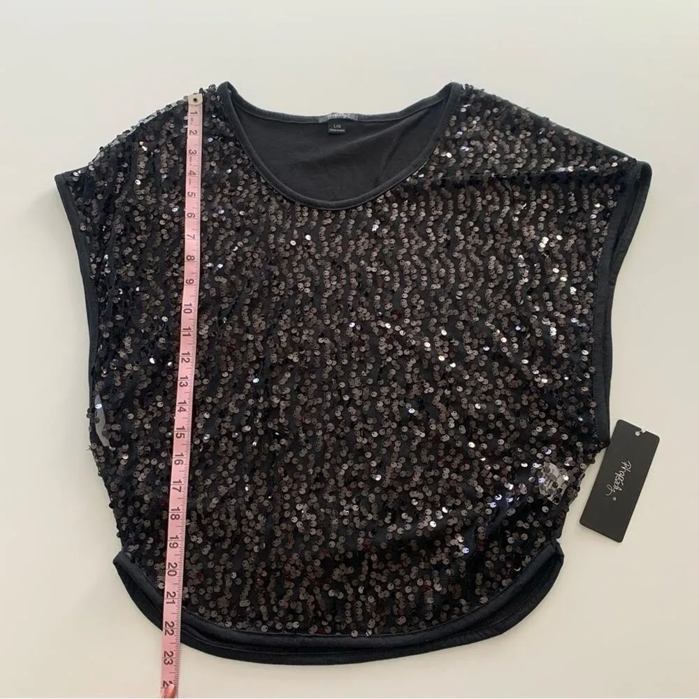 Rhapsody Sheer Black Sequin Short Cap Sleeve Blouse Shirt Large - Image 3