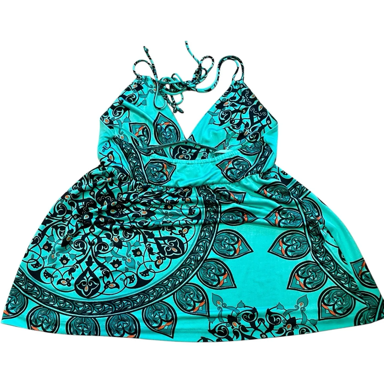 Nieves Lavi Silk Turquoise Geo Print‎ Triangle Halter Swing Top Shirt Small Blue - Image 2