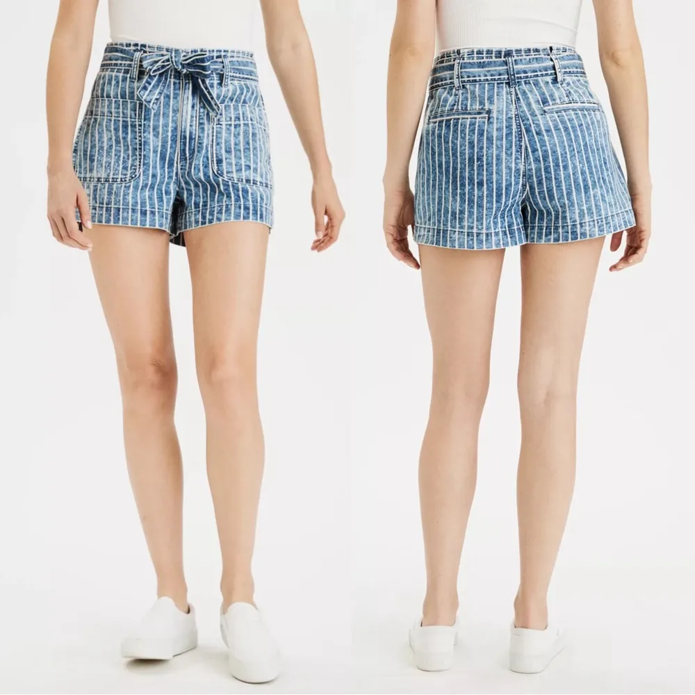 American Eagle • Stretch Highest Waist Mom Shorts blue railroad stripe tie waist - Image 3