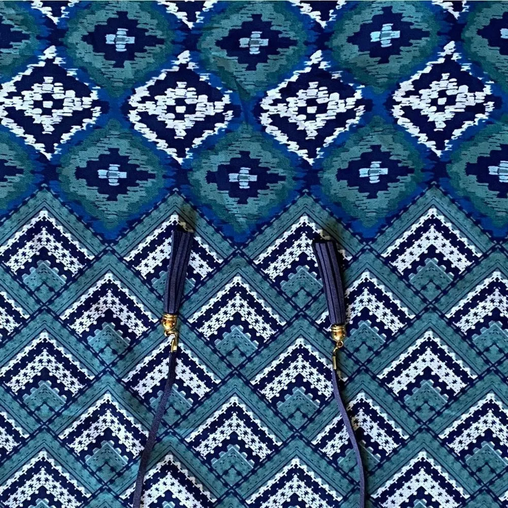 Vince Camuto Tassel Dress Bell Sleeve Royal Blue Teal Geometric - Image 7