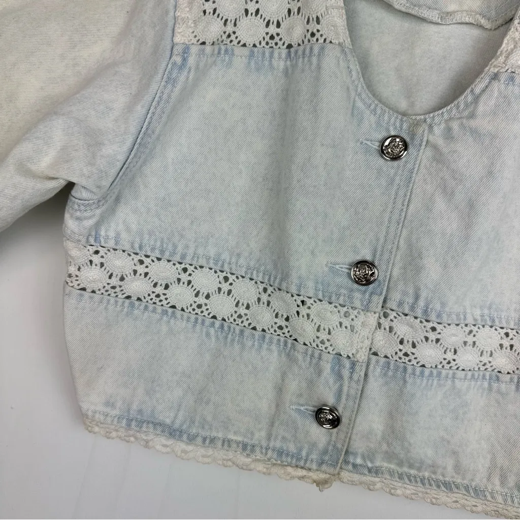 Vtg L.A. Blues Denim Button Up Puff Sleeve Top Sz Medium Lace Cottagecore - Image 5