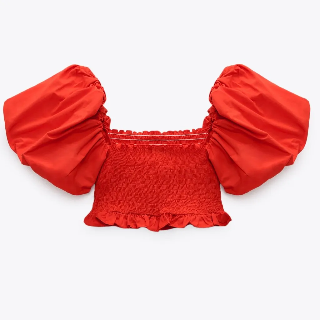 NWT ZARA PUFF SLEEVE CROP TOP RED BLOGGERS FAV SMOCKED - Image 4