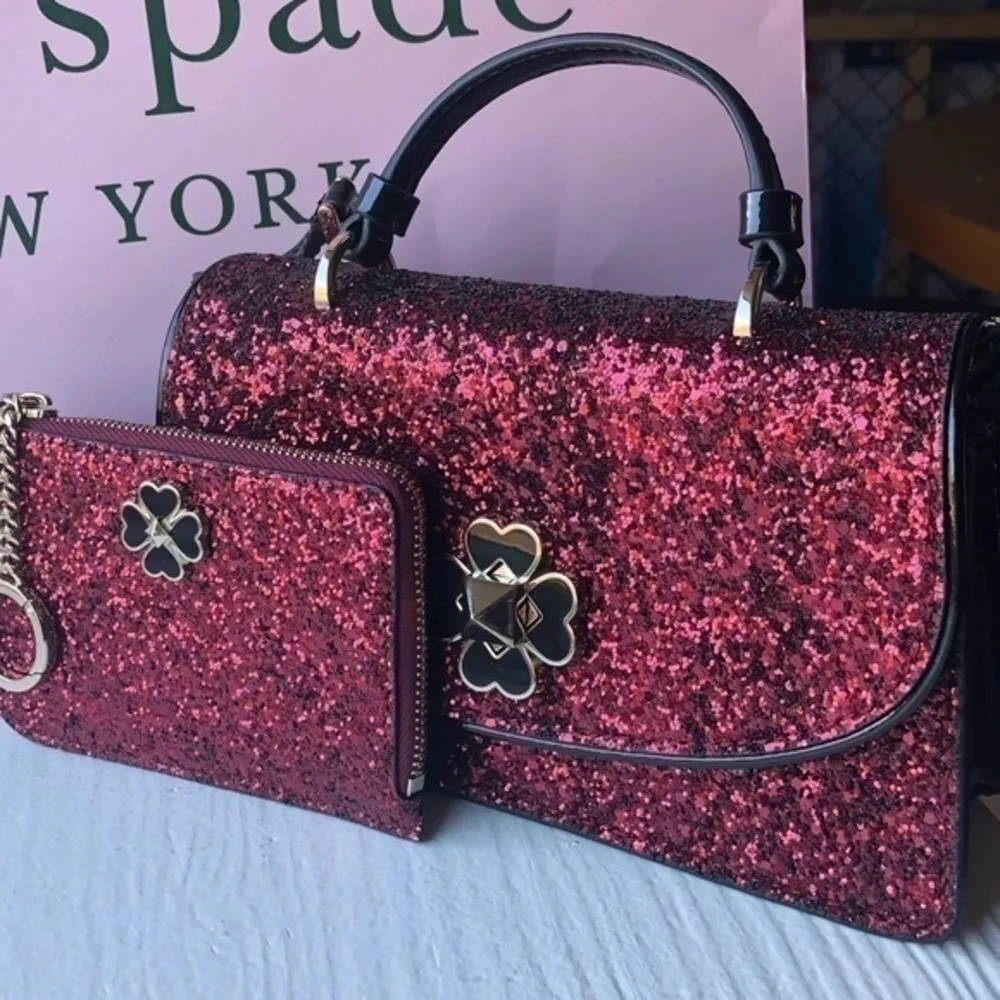Kate Spade Black Cherry Glitter Crossbody Bag w Cardholder Patent Leather NWT - Image 2