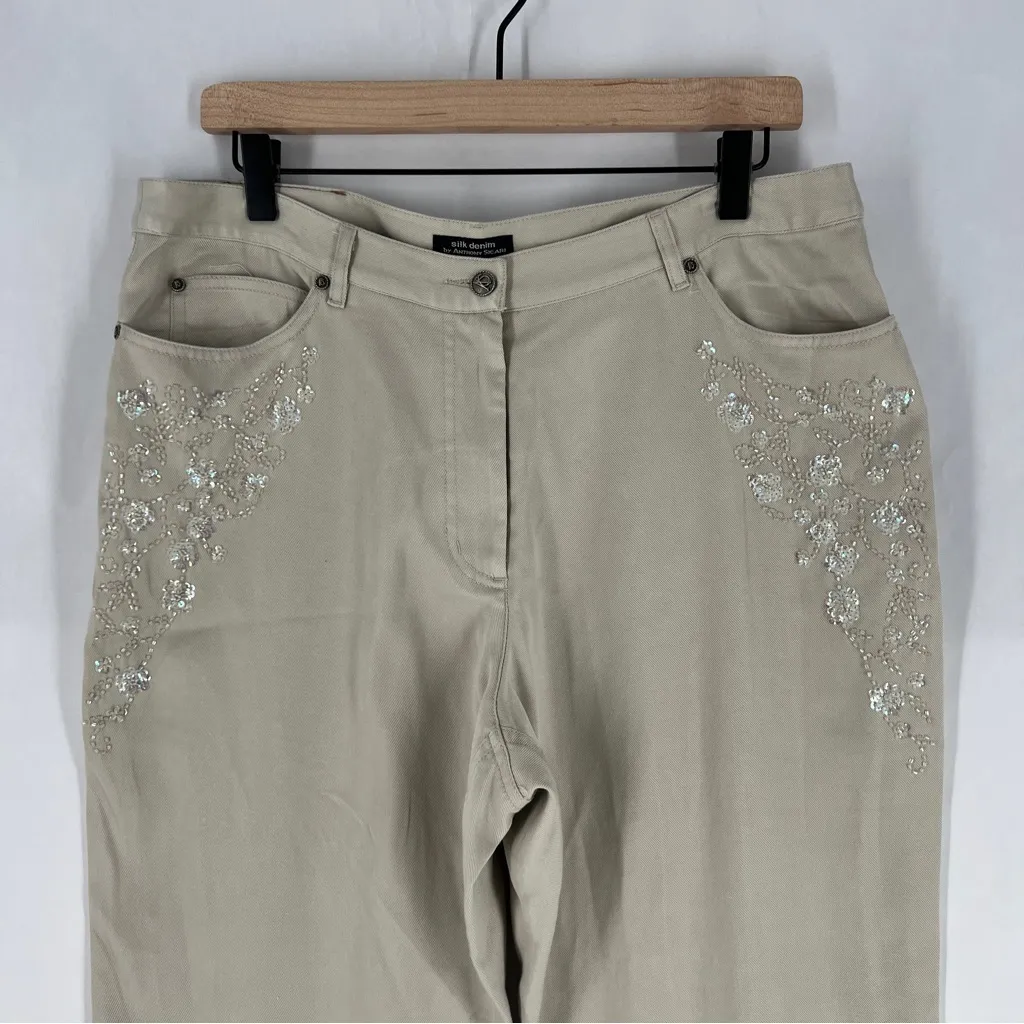Anthony Sicari Silk Denim Lightweight Floral Sequin Beaded Bootcut Pants Size 14 Tan - Image 2