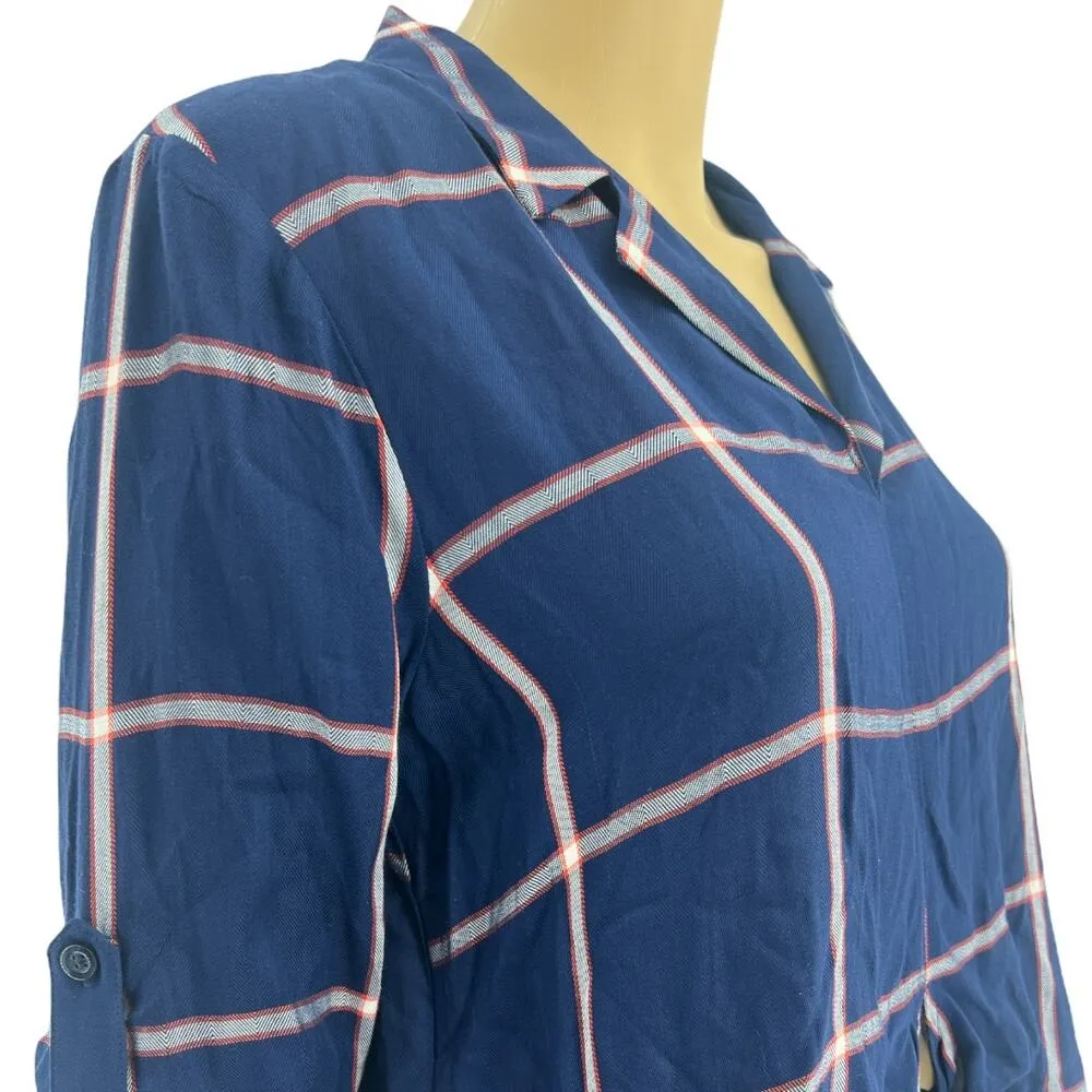 BCBGeneration MEDIUM Navy Blue Long Roll Tab Sleeve Plaid Knot Tie Crop Top - Image 2