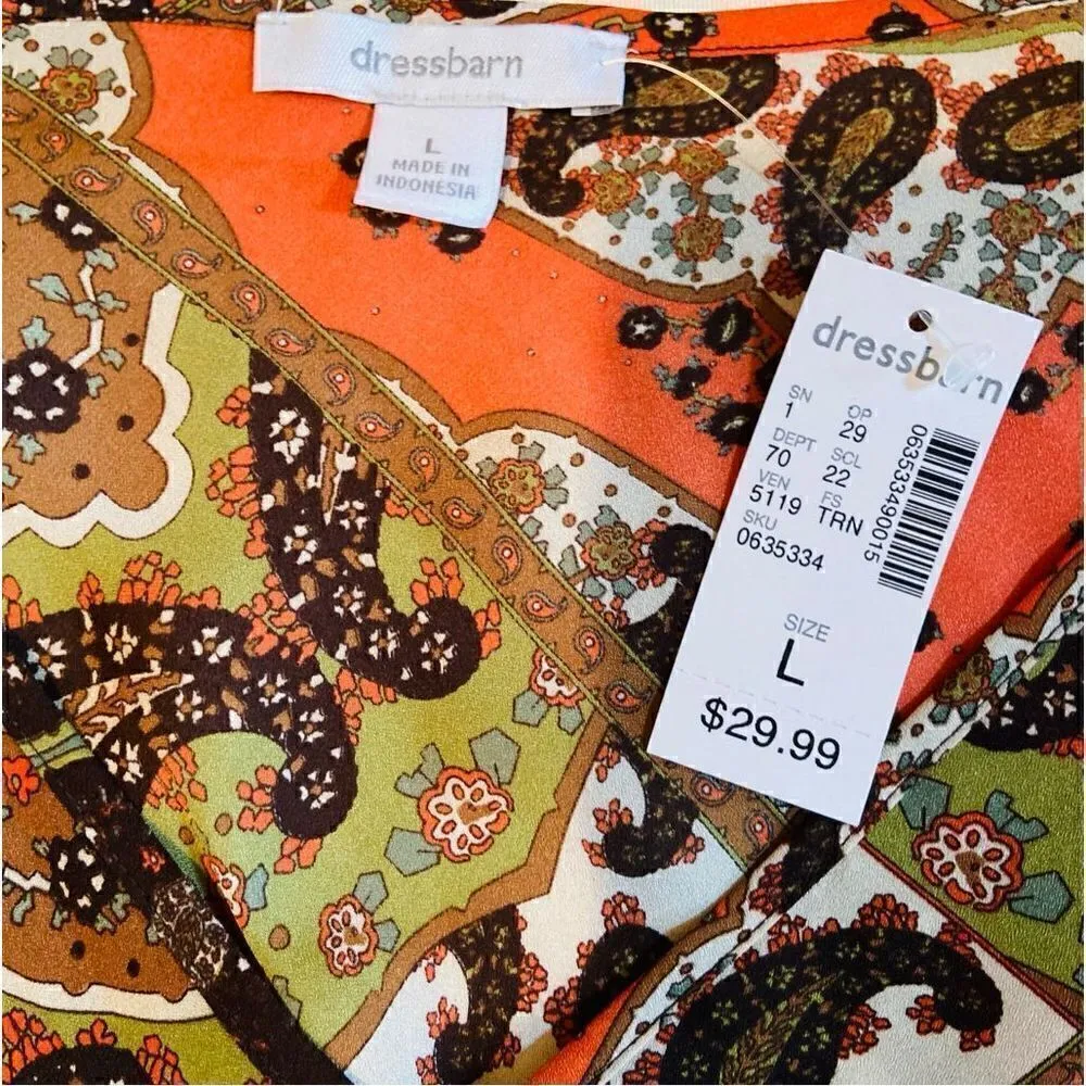 DressBarn Women's V Neck Paisley Large Blouse Split Ruffle over Sleeveless Top a Tan - Image 3