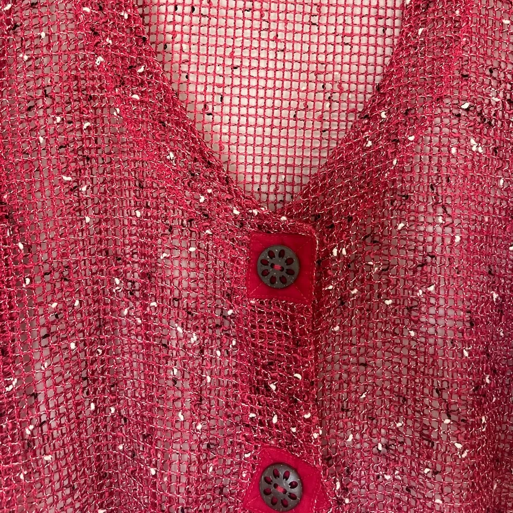 Blair Women’s Open Knit Mesh Red Over Shirt Top Boho Arsty Button Large Coverup - Image 3