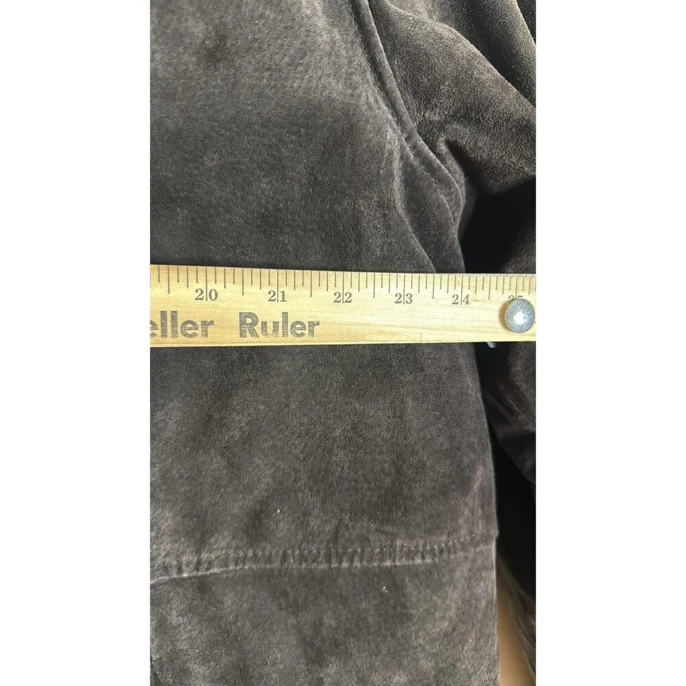 Dennis Basso Coat Womens 2X Brown Leather Faux Fur Trim Hooded Button Long - Image 6