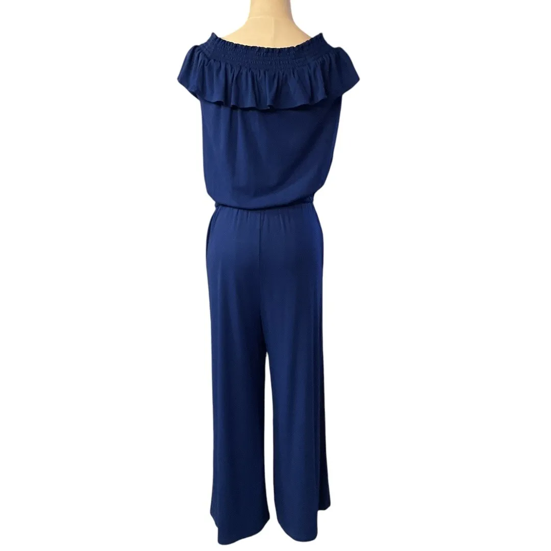 RALPH‎ LAUREN Blue Ruffle Off Shoulder Jersey Crop Wide Leg Jumpsuit Size S - Image 5