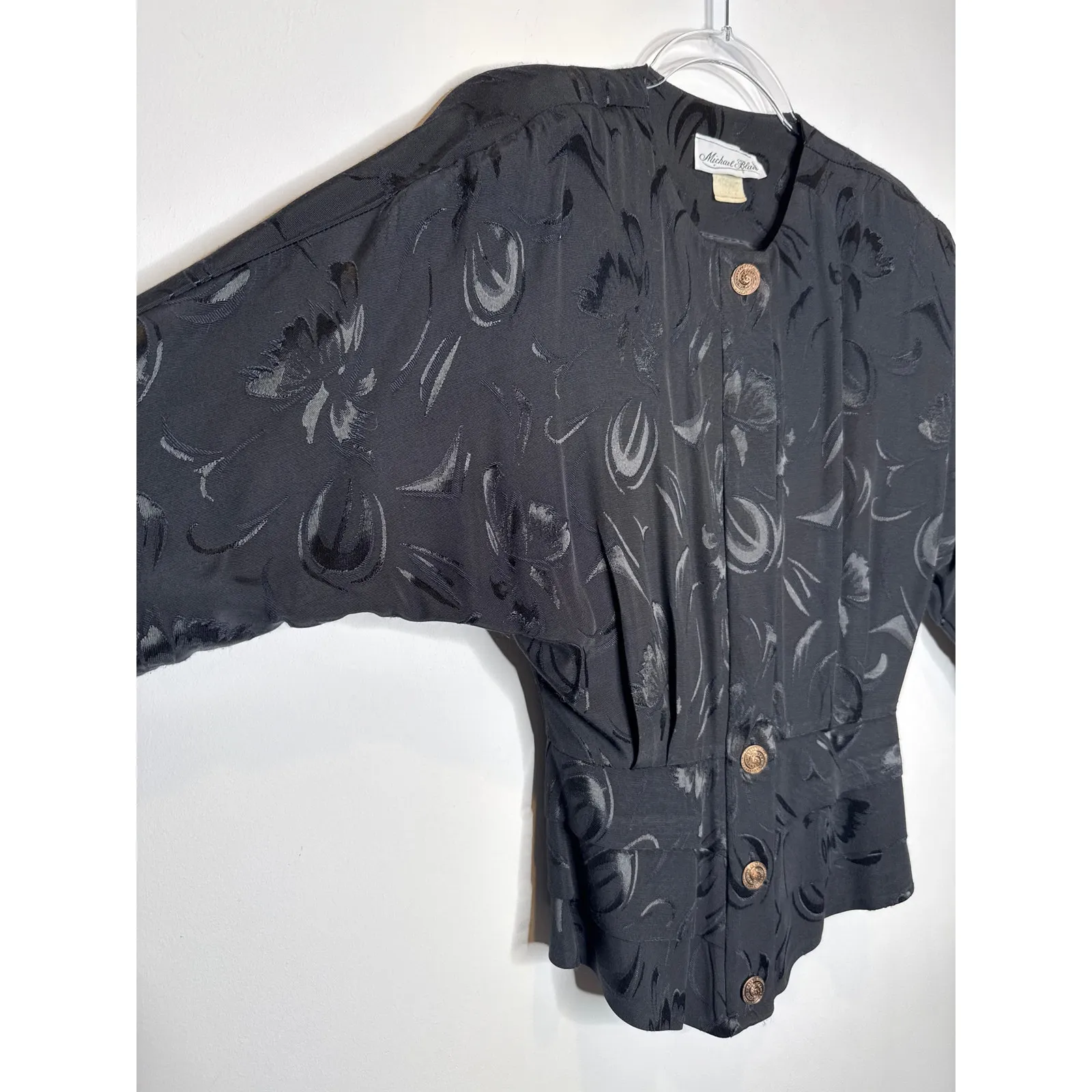 Michael Blair 1990s Black Textured Skirt Suit Set Floral Embossed Size XXS - Image 5