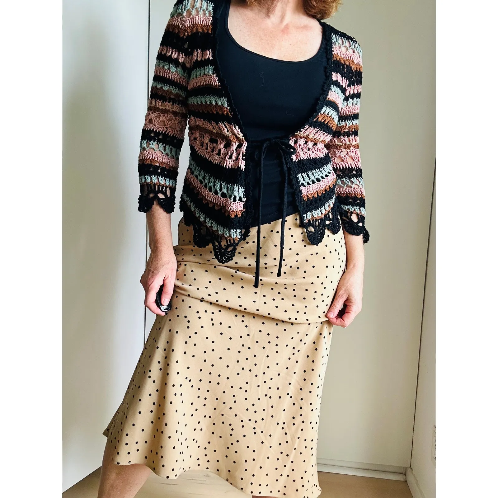 Womens Bias Cut skirt Midi Tan Black Polka Dot Print Size 8 Classic Y2K Style - Image 7