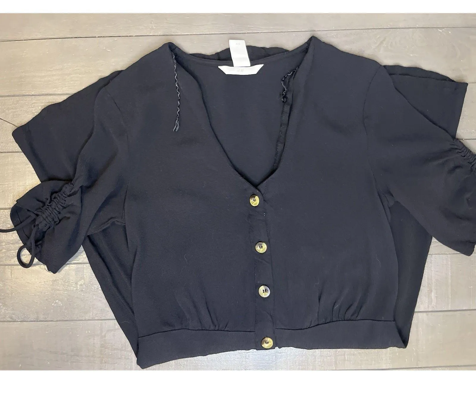 H&M Size 4 Black Blouse Dress Half Sleeve Mid Length V Neck Casual Button Down - Image 8