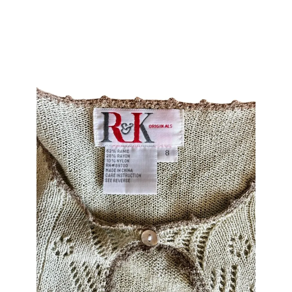 R&K Vintage Knitted Cardigan Grandma Sweater Size 8 Embroidered Tan - Image 3
