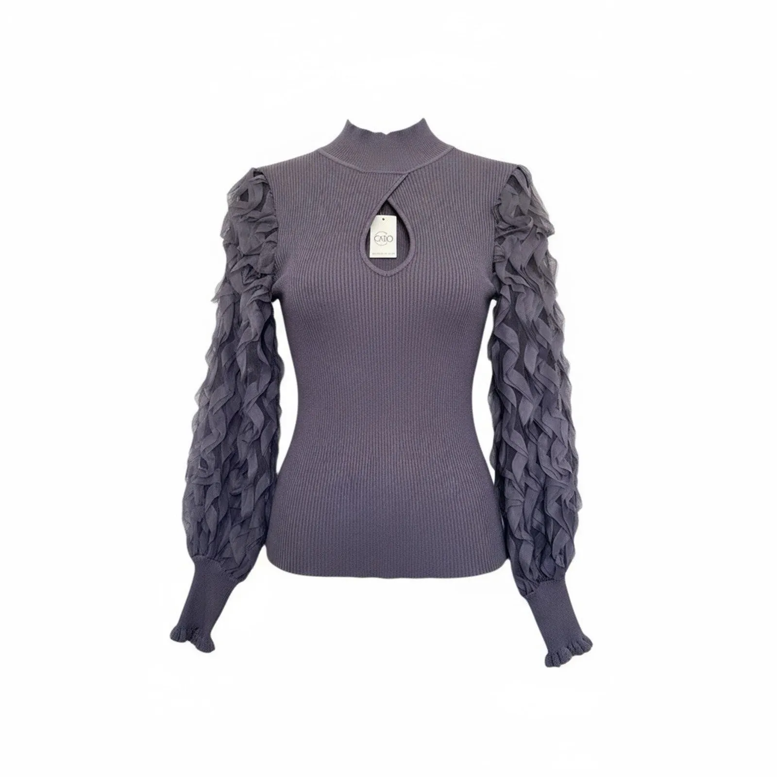 Cato brand purple ribbed knit sweater sheer ruffled sleeves Size M - Image 3