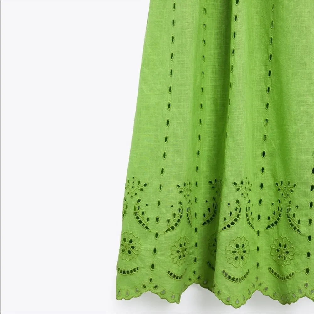 Zara Openwork Embroidery Midi Maxi Dress Lime Green 100% Cotton Size XS NEW - Image 7