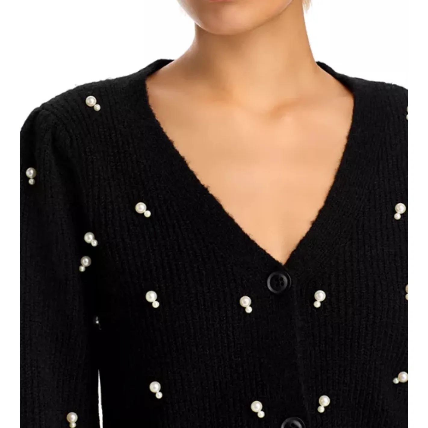 AQUA Women's Black Pearl Embellished V Neck Cardigan Sweater‎ XL - Image 3
