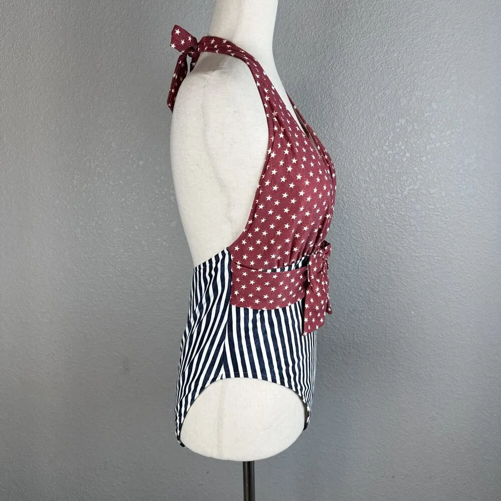 We Wore What Brooklyn Halter Bow Front One Piece Size L Dress Blues Stars Stripe - Image 7