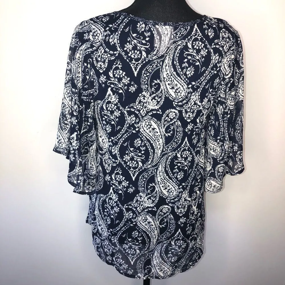 Knox Rose Blue Printed V-neck Paisley Peasant Top - Image 6