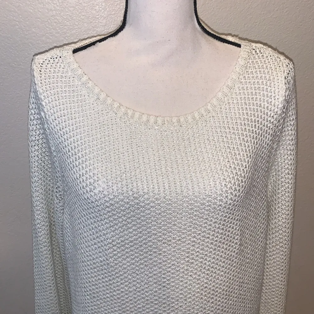 White House | Black Market  Metallic White Silver Knit Crewneck Sweater - Image 2