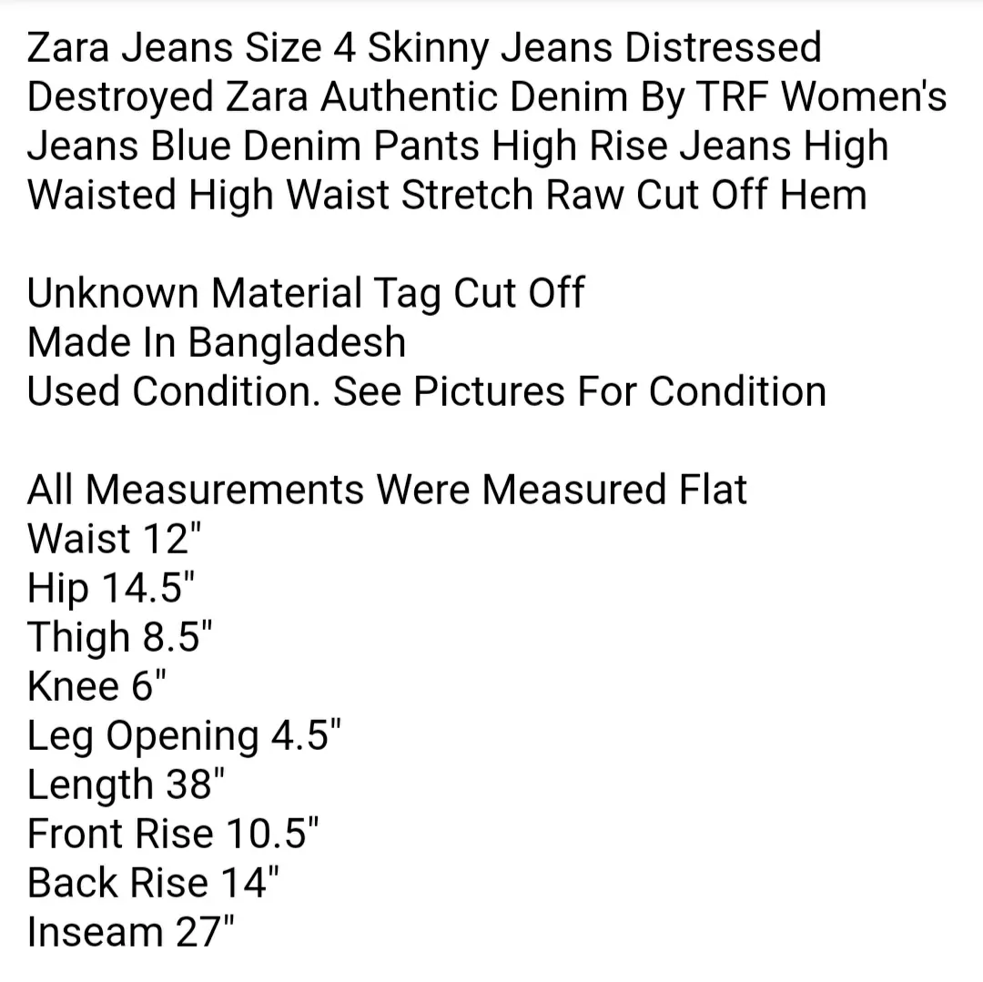  Jeans Size 4 Skinny Jeans Distressed Destroyed Zara Authentic Denim By TRF Women's Jeans Blue Denim - Image 5