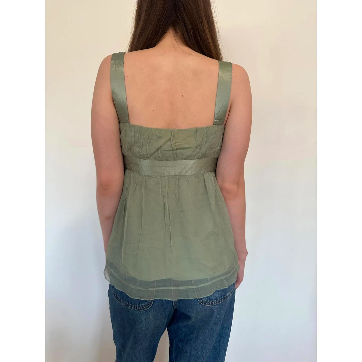 Earthy Green Sheer Mesh Double Layer Babydoll Top Size L - Image 5