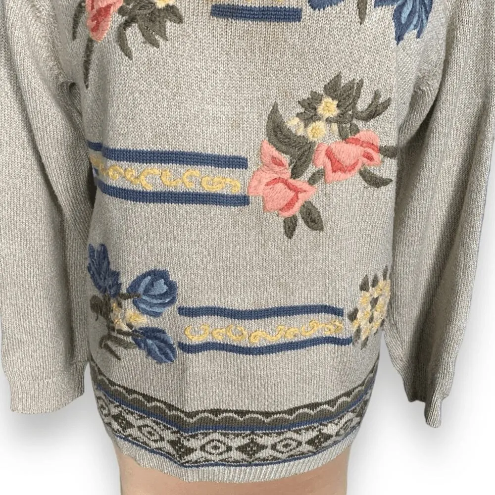 Vintage 90s Alfred Dunner Floral Knit Sweater Tan Wool Blend Pullover Large - Image 3