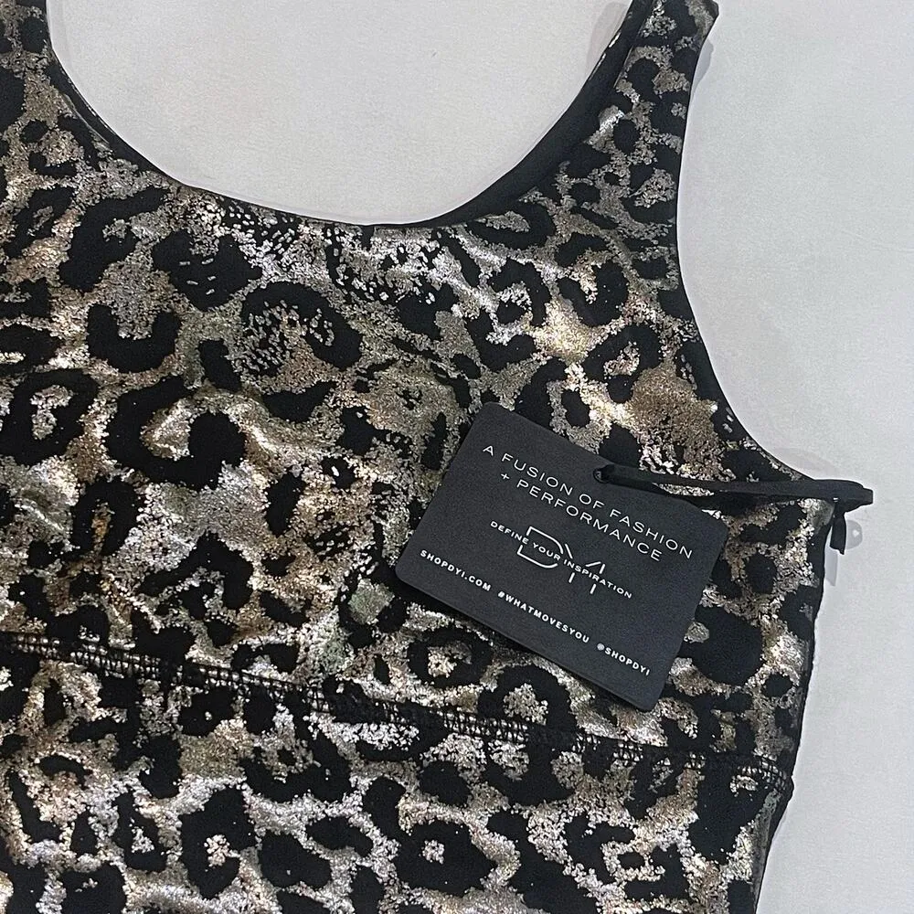 NEW DYI S Sports Bra Elevate Leopard Crop Top Metallic Foil Workout Silver Black - Image 6
