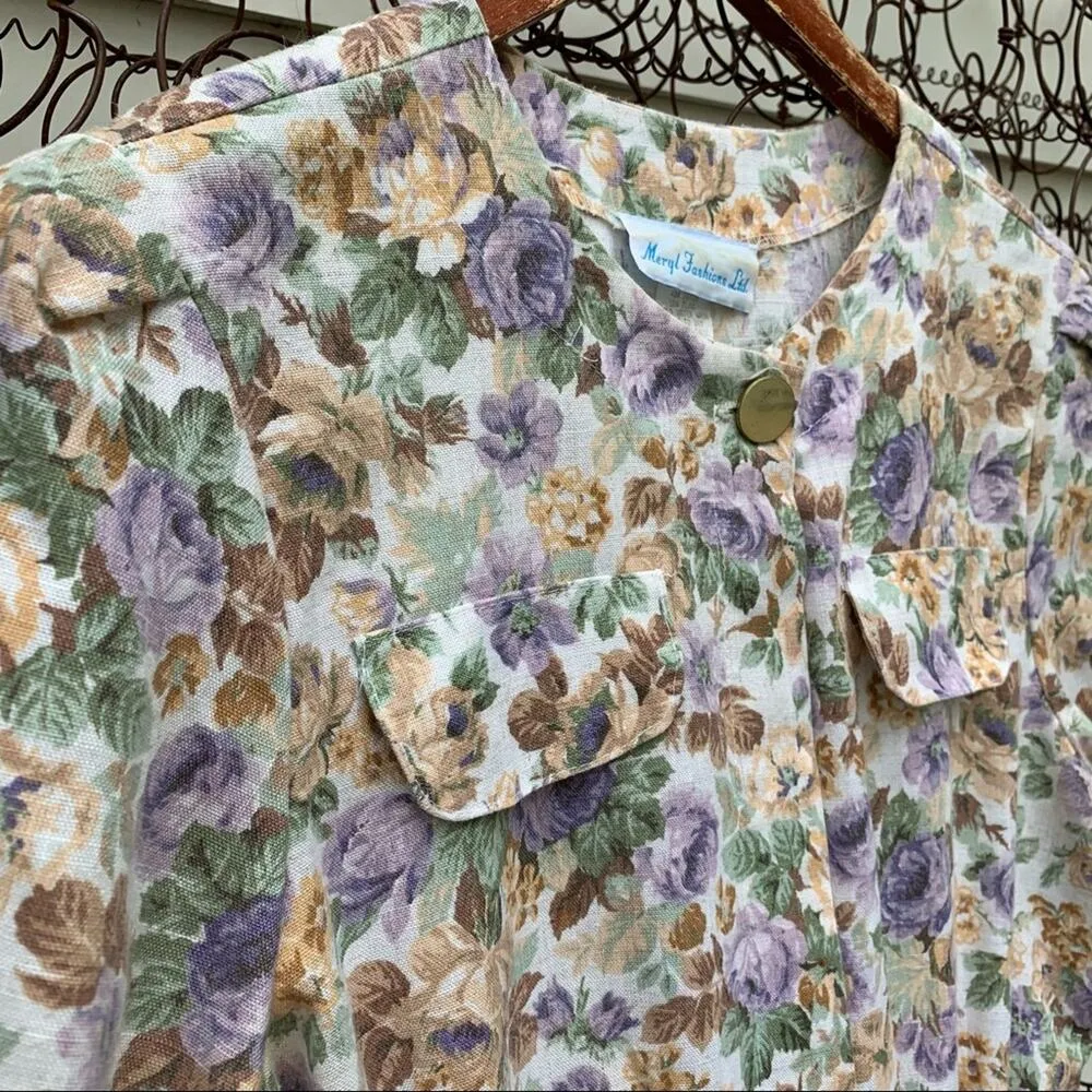 Vintage 80s Meryl Fashions flax blend floral gorpcore shirt dress MEDIUM? Purple - Image 4