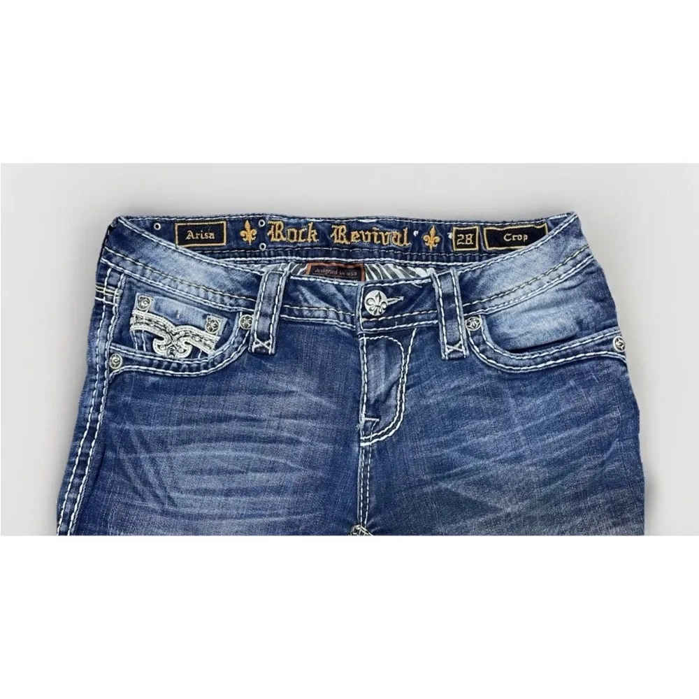 Rock Revival Crop Denim Jeans Arisa Women's 28 Embroidery Embellishments Flap - Image 3