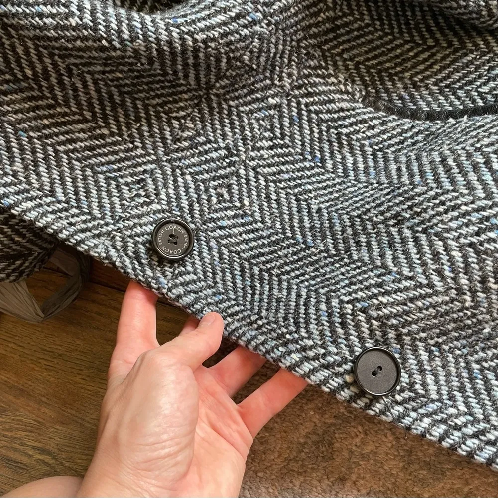 Coach Classic Houndstooth Leather Trim Wool Winter Pea Coat Medium - Image 9