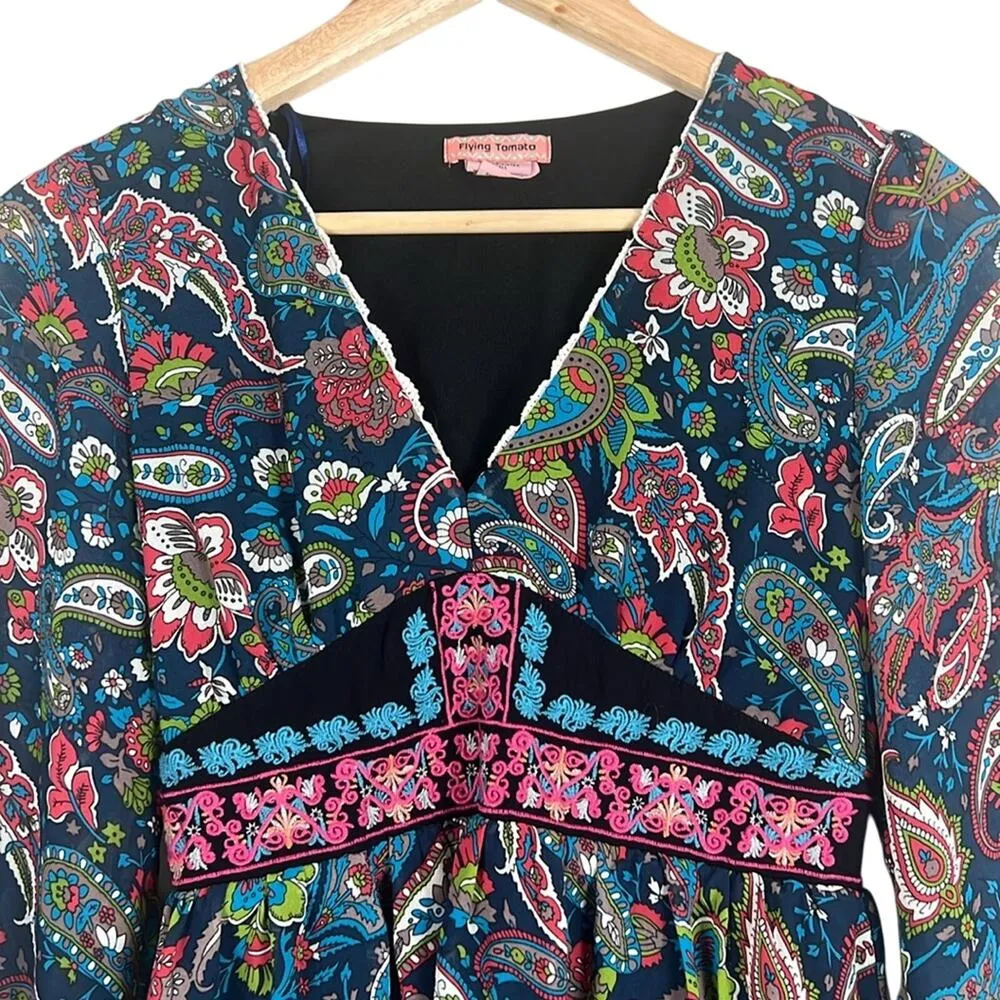Flying Tomato Dress Womens S Multicolor V-Nerck Paisley Mini Boho Hippie Peasant - Image 2