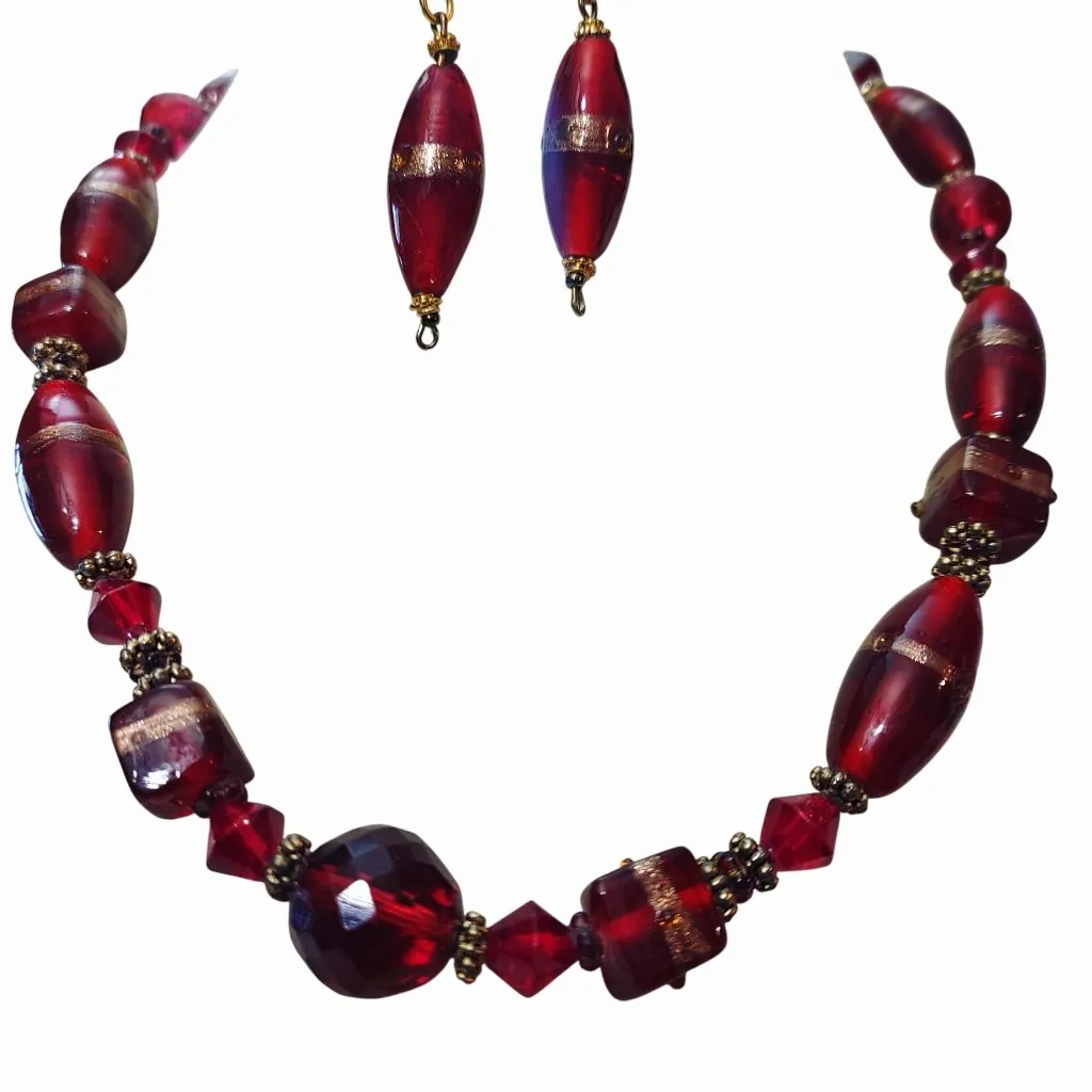 Red Murano Glass Necklace Earrings Vintage Set Gold Accents 17 Inch French Hook - Image 2