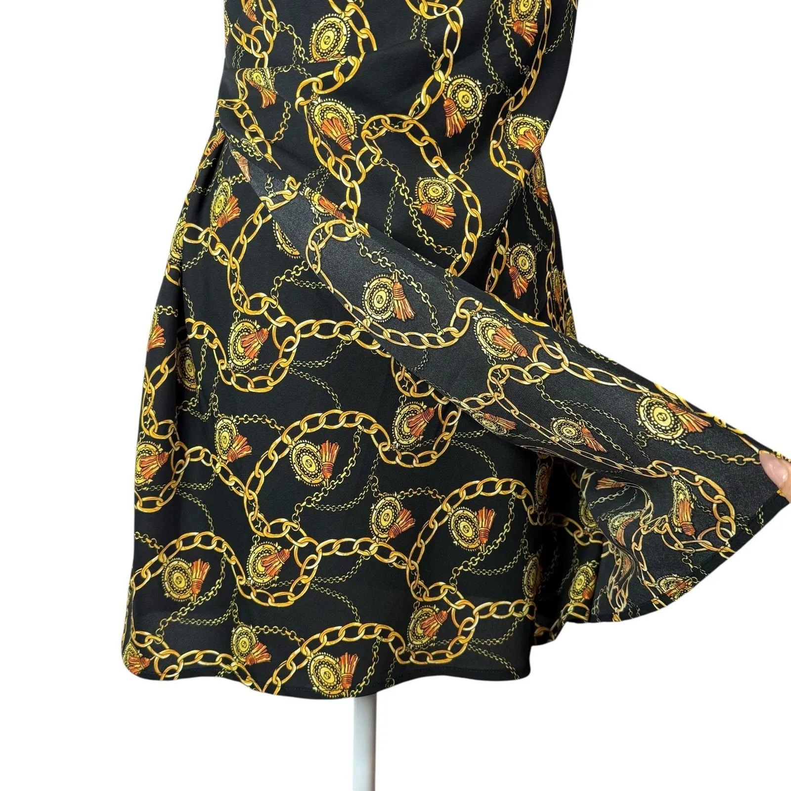 ASTR Chain Reaction M Equestrian Black Gold Faux Wrap Mini Dress Strappy V‎ Neck - Image 6