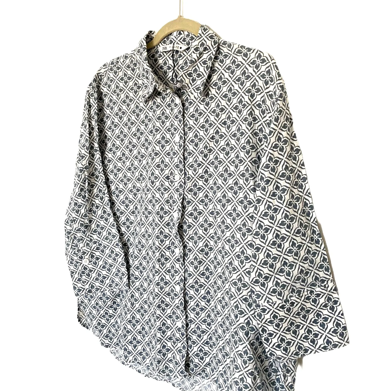 Zara Linen Blouse 3/4 Sleeve Button Front Print Shirt Womens Chic Top Sz L - Image 8