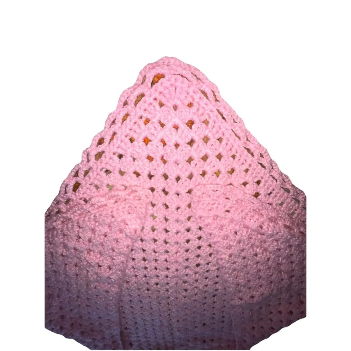 Vintage 1970’s Pink Crochet Triangle Shawl Wrap Poncho 62x32" Granny Stitch Boho - Image 2