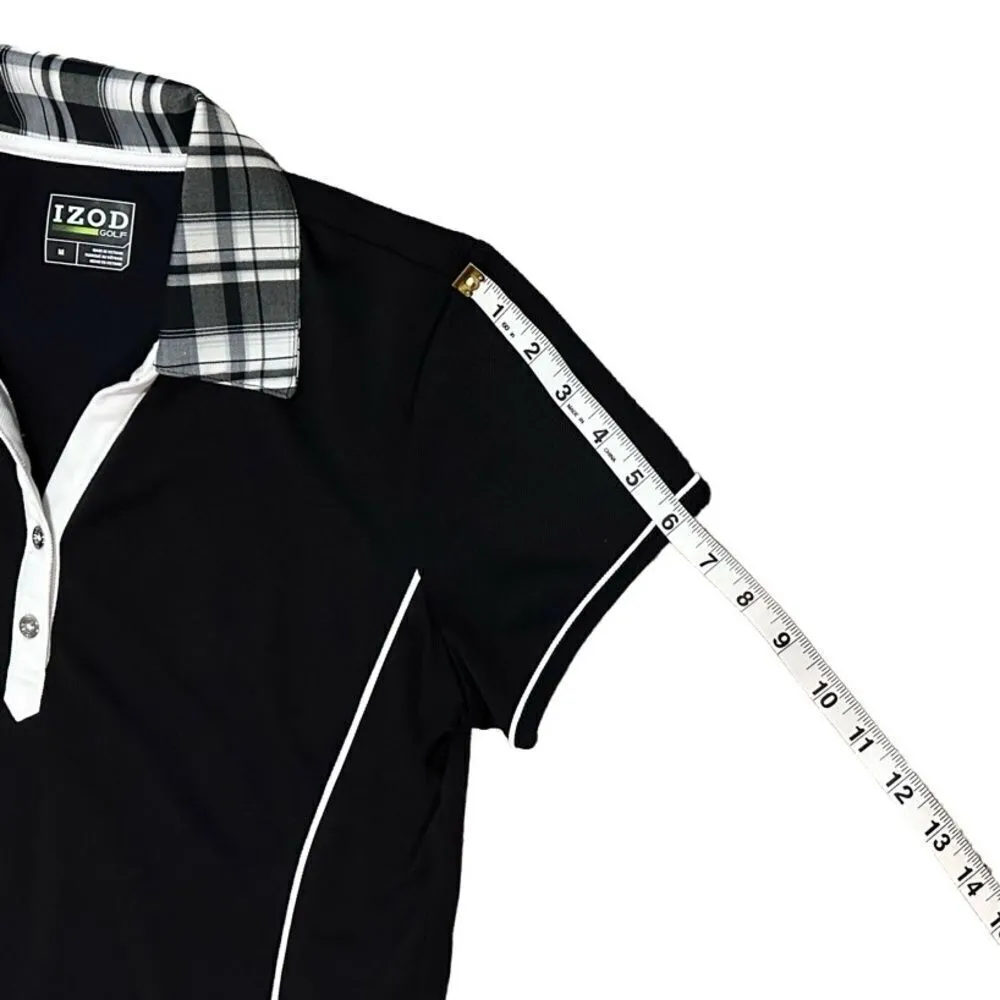 IZOD Golf Black & White Plaid Collar Short Sleeve Fitted Active Top Size Medium - Image 8