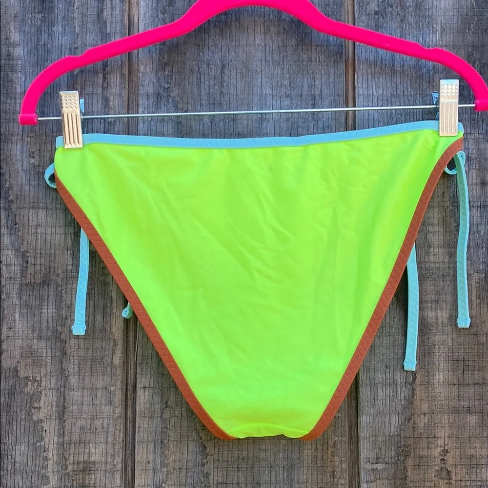 Aerie Neon Green/Yellow Bikini Bottom w/Brown & Blue Trim Tie Waist Size XL - Image 2