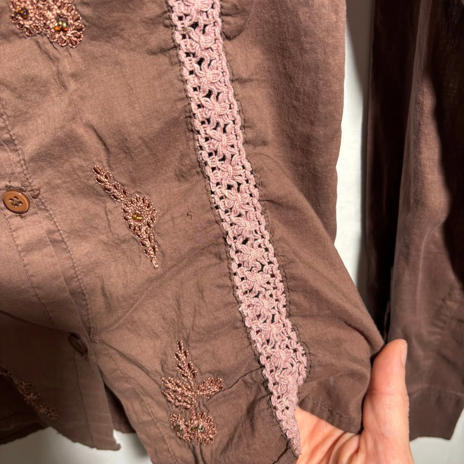 VTG Y2K Brown Long Sleeve Button Up Top Pink Lace Beaded Fairy Boho S Embroidery - Image 4