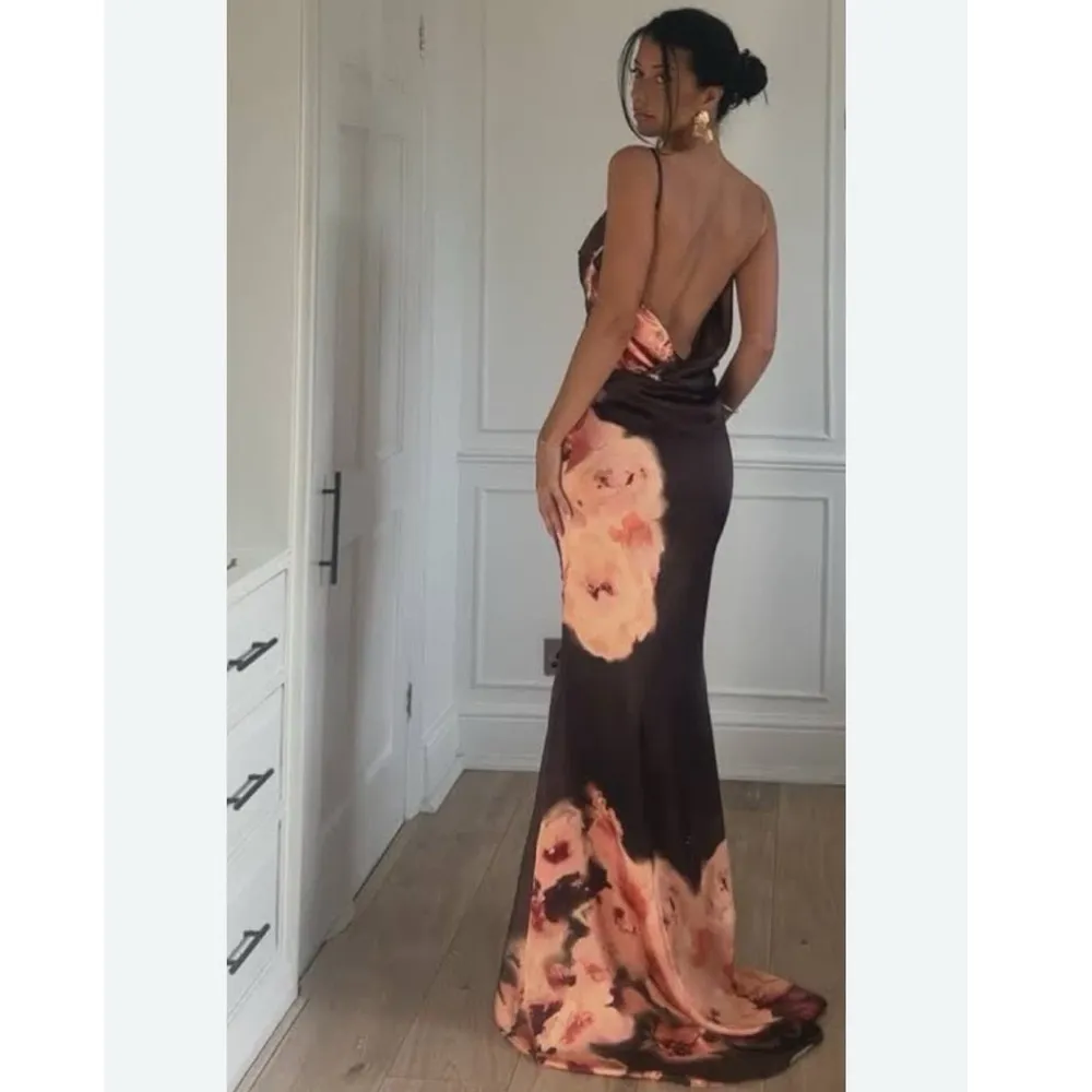 House of CB Mariamma Dark Brown Floral Printed Satin Maxi Dress - Image 6