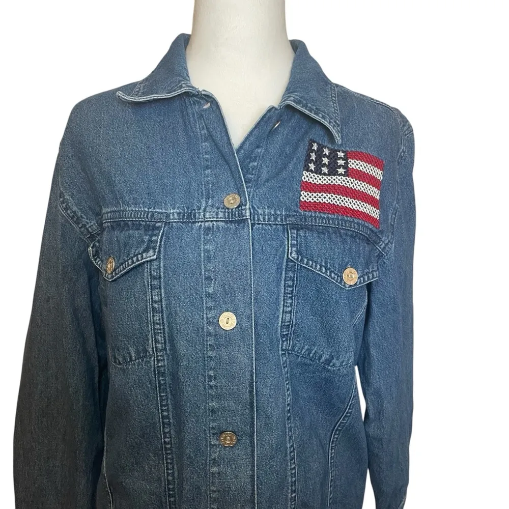 Denim & Co Womens Denim Jean Jacket Blue 100% Cotton USA Flag Embroidery Medium - Image 2