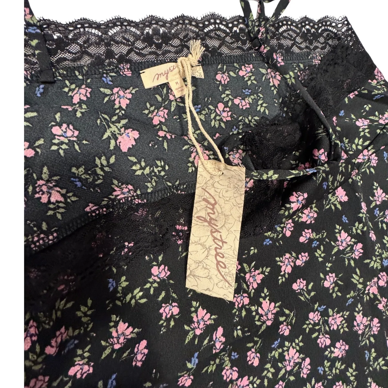 Mystree Floral Mini Dress Black Lace Trim Spaghetti Strap Sleeveless Summer Sz M - Image 6