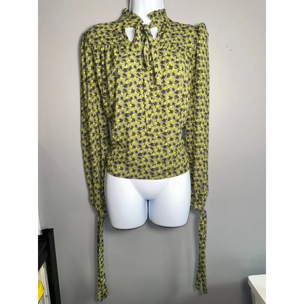 LOVE, WHITE BY WHITNEY PORT GREEN FLORAL RUFFLED HIGH V‎ NECK BLOUSE EUC SIZE 6 - Image 3