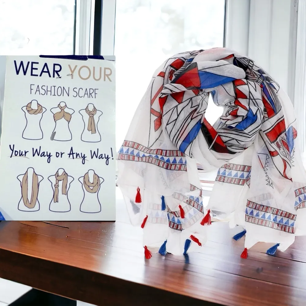 Féria Mode Red White and Blue Lightweight Tassel Shawl Scarf Wrap Sarong - Image 2